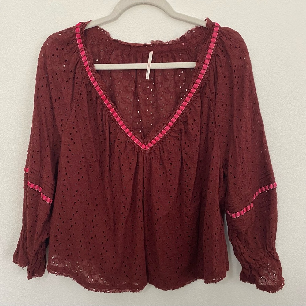 Free People Burgundy/Maroon Darcy Eyelet Lace Top Blouse